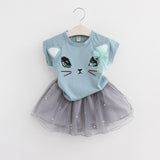 Fashion Style Cartoon Kitten Printed Baby Girls Clothing Set