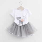 Fashion Style Cartoon Kitten Printed Baby Girls Clothing Set