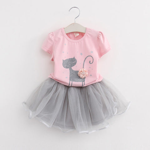 Fashion Style Cartoon Kitten Printed Baby Girls Clothing Set